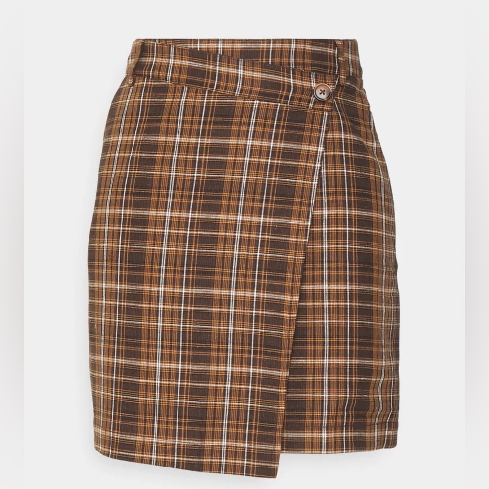 SAMSOE Brown Plaid Wrap Mini Skirt
